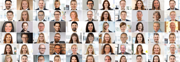 Eine Collage zeigt verschiedene Mitarbeiter:innen von GS1 Germany