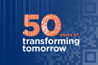 Key Visual des Barcode Jubiläums von GS1 zeigt Claim 50 years of transforming tomorrow