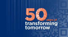 Key Visual des Barcode Jubiläums von GS1 zeigt Claim 50 years of transforming tomorrow